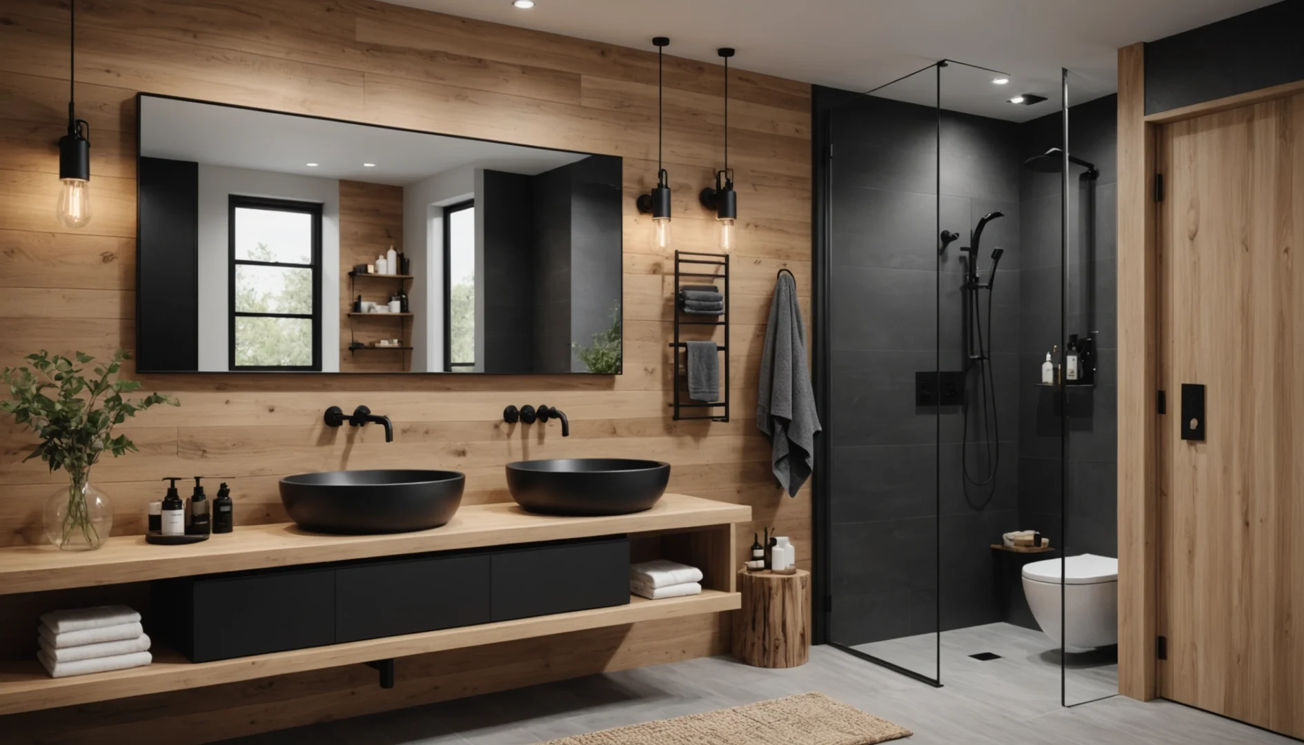 salle de bain avec bois et robinetterie noire